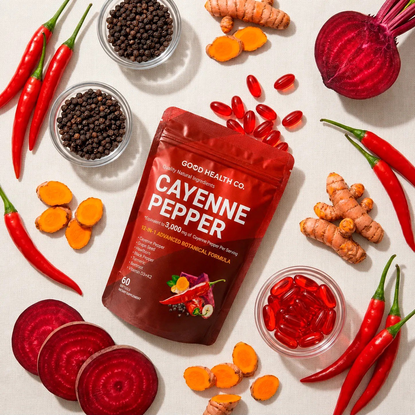 Flat lay del prodotto Good Health con ingredienti
