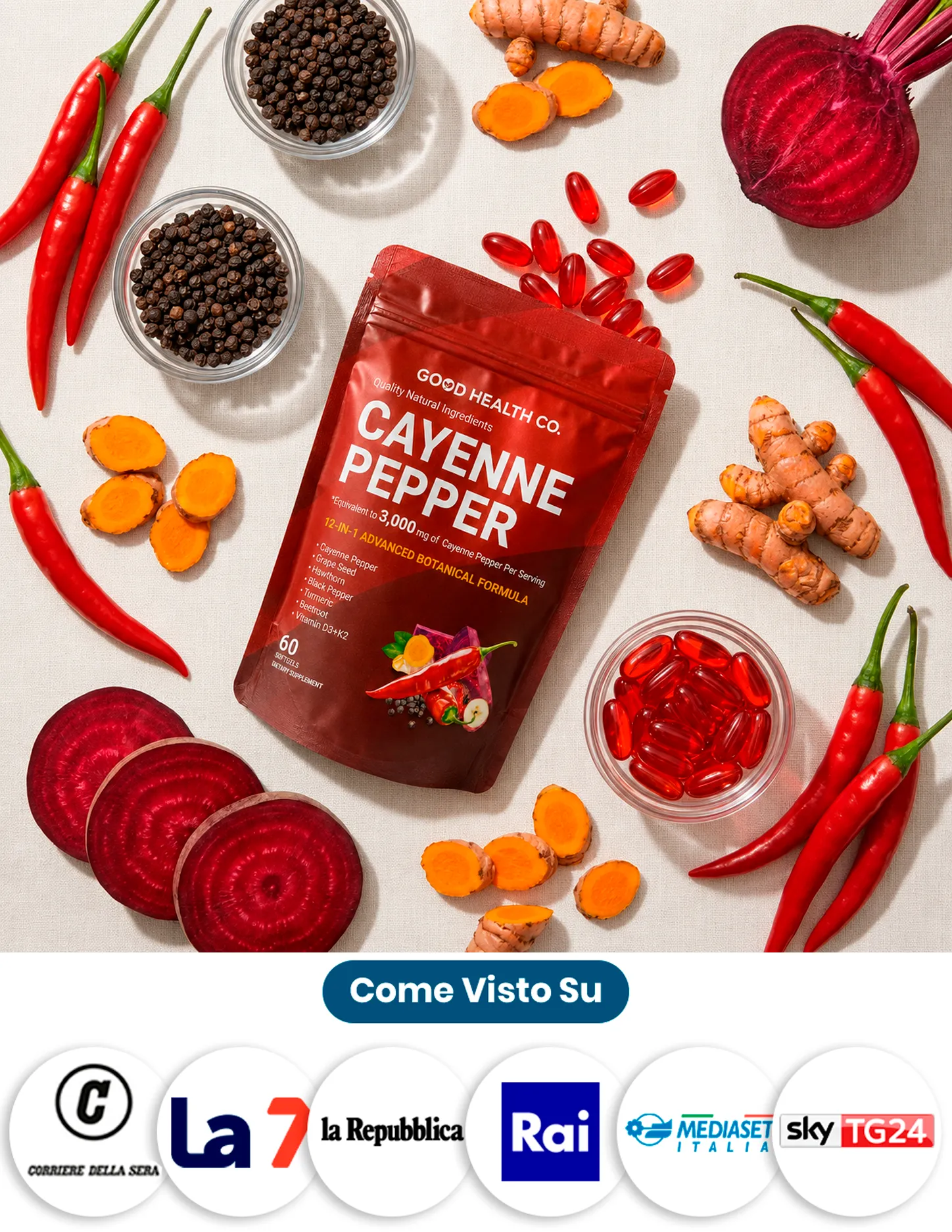Flat lay del prodotto Good Health con ingredienti